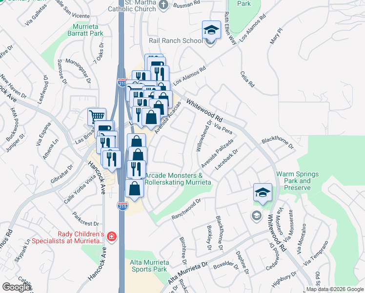 map of restaurants, bars, coffee shops, grocery stores, and more near 25149 Calle Viejo in Murrieta