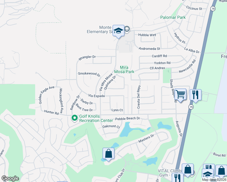 map of restaurants, bars, coffee shops, grocery stores, and more near 29391 Shady Lane in Murrieta