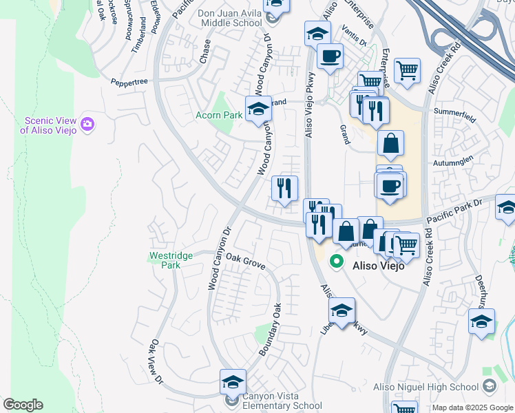 map of restaurants, bars, coffee shops, grocery stores, and more near 100 Plateau in Aliso Viejo