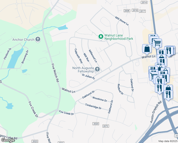 map of restaurants, bars, coffee shops, grocery stores, and more near 509 Calbrieth Way in North Augusta