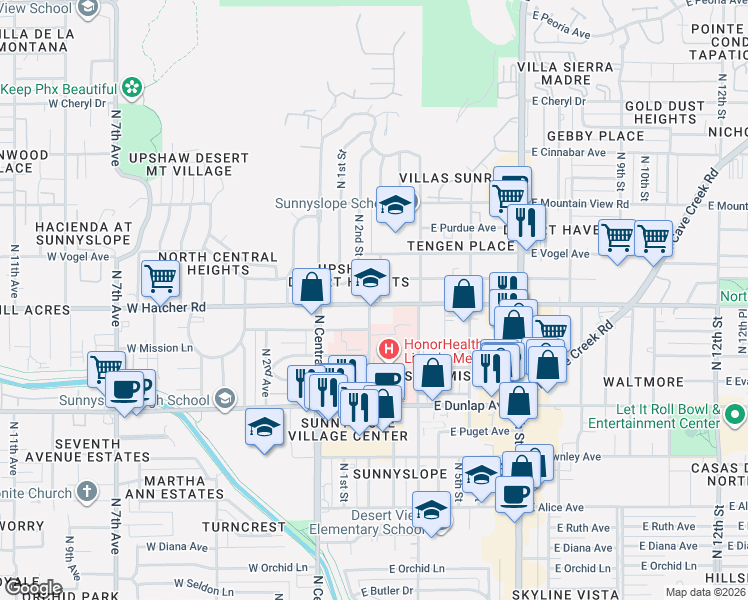 map of restaurants, bars, coffee shops, grocery stores, and more near 204 East Hatcher Road in Phoenix
