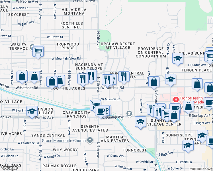 map of restaurants, bars, coffee shops, grocery stores, and more near 524 West Hatcher Road in Phoenix