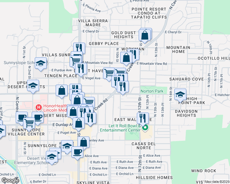 map of restaurants, bars, coffee shops, grocery stores, and more near 940 East Hatcher Road in Phoenix