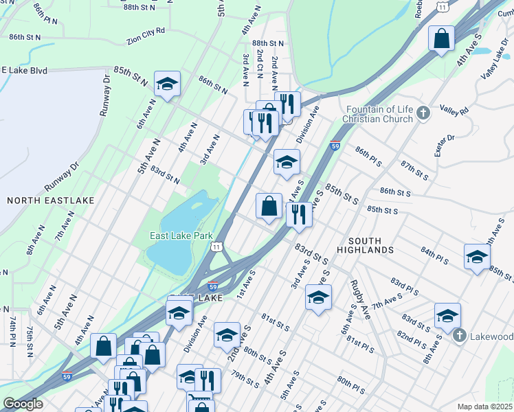 map of restaurants, bars, coffee shops, grocery stores, and more near 8322 Division Avenue in Birmingham