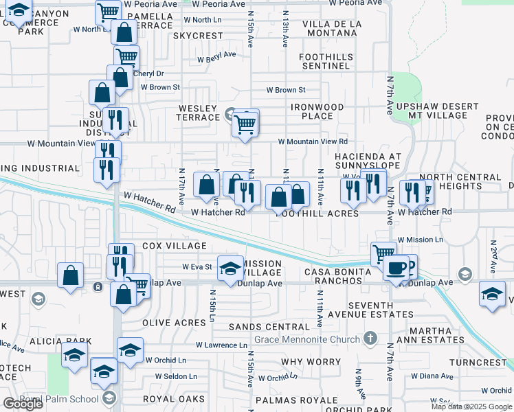 map of restaurants, bars, coffee shops, grocery stores, and more near 1450 West Hatcher Road in Phoenix