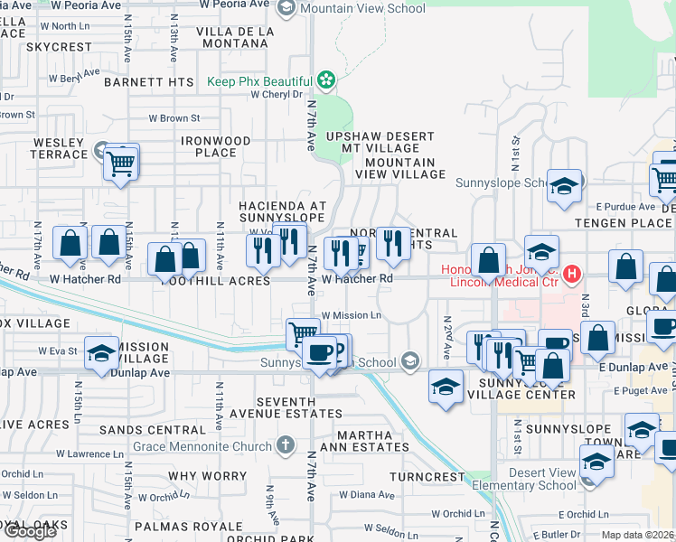 map of restaurants, bars, coffee shops, grocery stores, and more near 524 West Hatcher Road in Phoenix