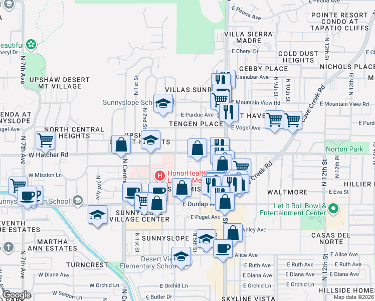 map of restaurants, bars, coffee shops, grocery stores, and more near 334 East Hatcher Road in Phoenix