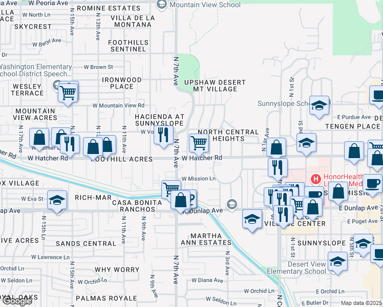 map of restaurants, bars, coffee shops, grocery stores, and more near 524 West Hatcher Road in Phoenix