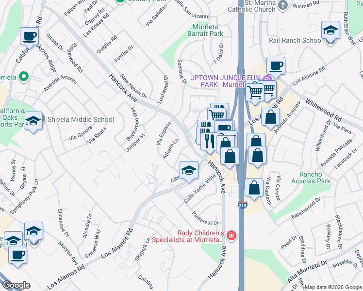 map of restaurants, bars, coffee shops, grocery stores, and more near 39999 Coliseum Way in Murrieta