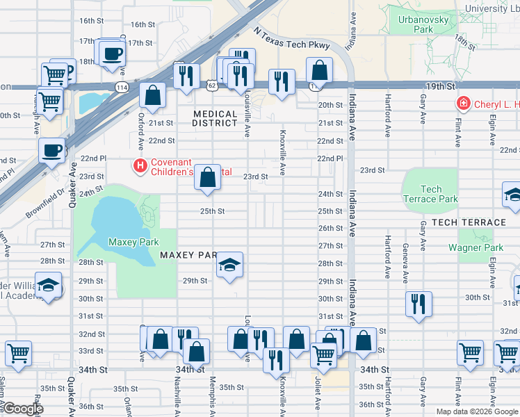 map of restaurants, bars, coffee shops, grocery stores, and more near 2504 Kenosha Avenue in Lubbock