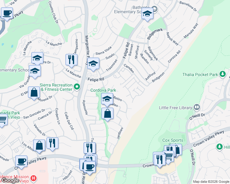 map of restaurants, bars, coffee shops, grocery stores, and more near 26931 Colmenar in Mission Viejo