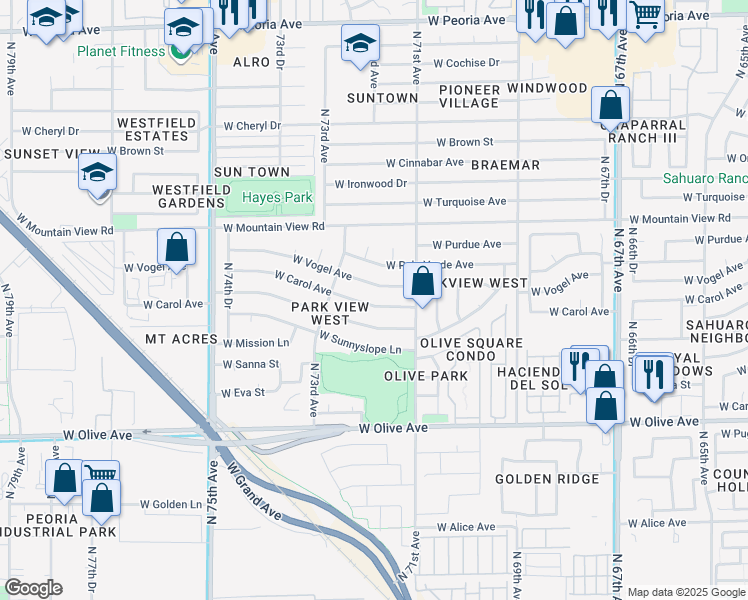 map of restaurants, bars, coffee shops, grocery stores, and more near 7202 West Carol Avenue in Peoria