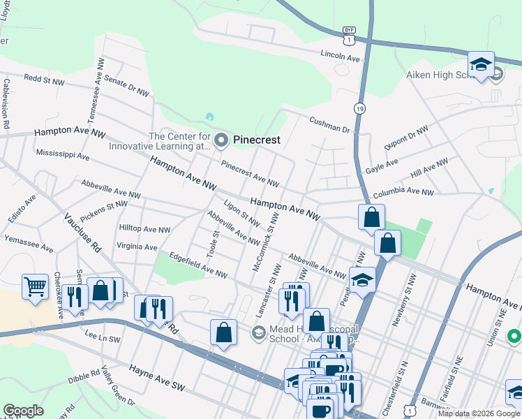 map of restaurants, bars, coffee shops, grocery stores, and more near 467 McCormick Street Northwest in Aiken