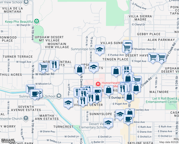 map of restaurants, bars, coffee shops, grocery stores, and more near 32 East Hatcher Road in Phoenix