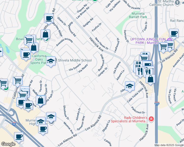 map of restaurants, bars, coffee shops, grocery stores, and more near 40205 White Leaf Lane in Murrieta