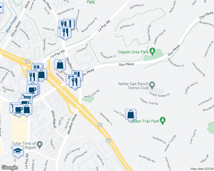 map of restaurants, bars, coffee shops, grocery stores, and more near 24871 Nellie Gail Road in Laguna Hills