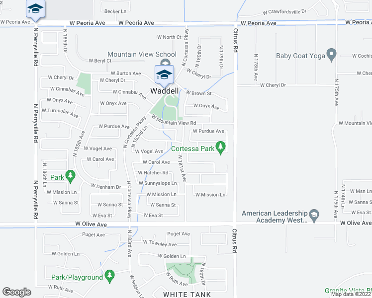 map of restaurants, bars, coffee shops, grocery stores, and more near 18084 West Vogel Avenue in Waddell