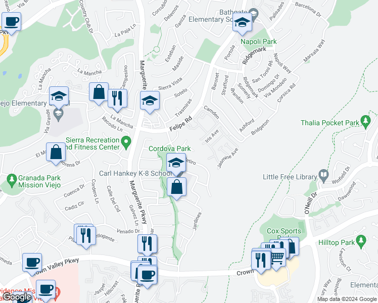 map of restaurants, bars, coffee shops, grocery stores, and more near 26931 Colmenar in Mission Viejo