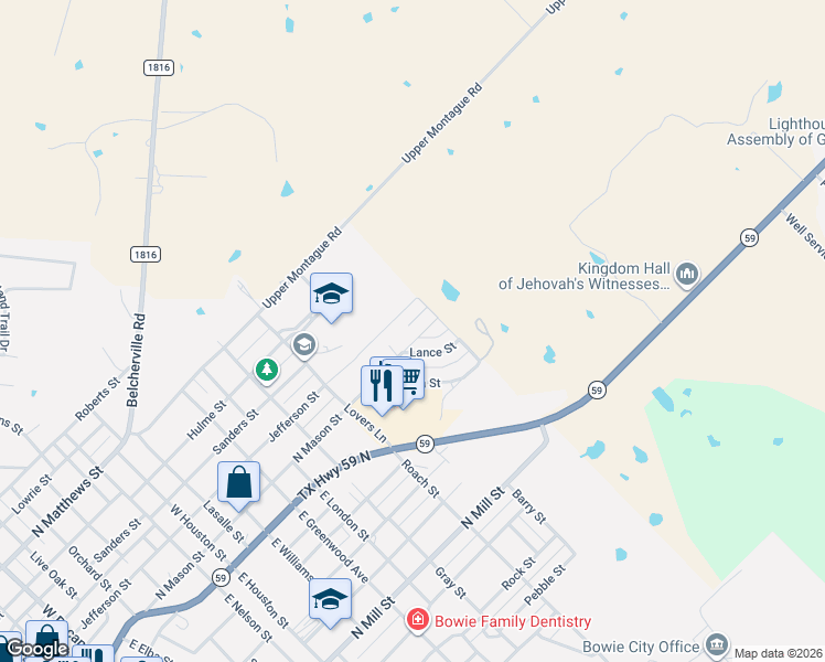 map of restaurants, bars, coffee shops, grocery stores, and more near 1602 Jefferson Street in Bowie