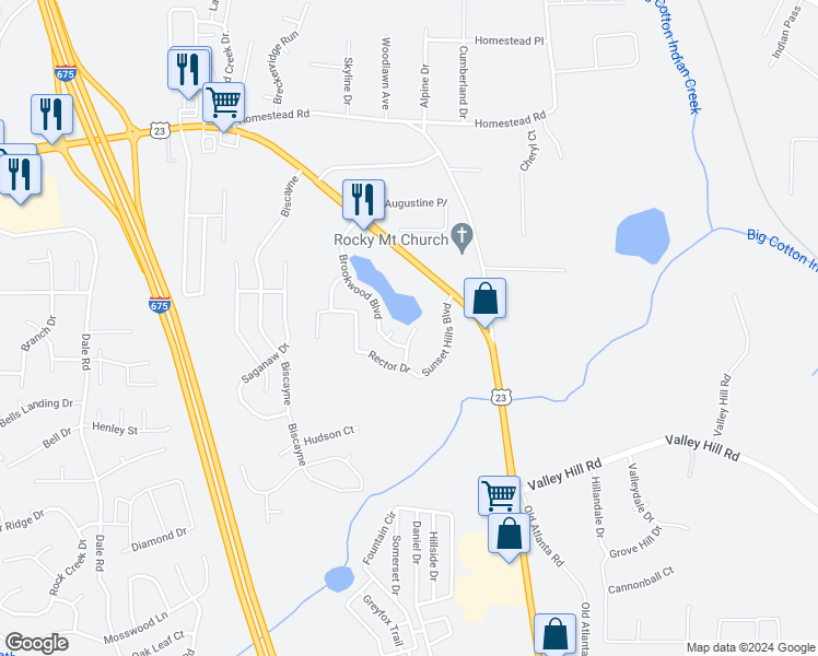 map of restaurants, bars, coffee shops, grocery stores, and more near 6693 Teresa Lane in Rex