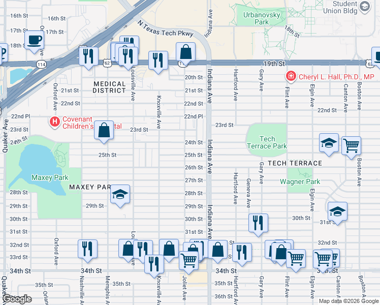 map of restaurants, bars, coffee shops, grocery stores, and more near 3412 25th Street in Lubbock