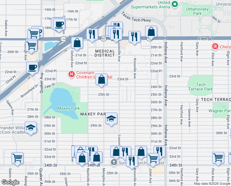 map of restaurants, bars, coffee shops, grocery stores, and more near 3708 25th Street in Lubbock