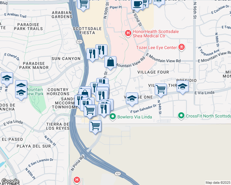 map of restaurants, bars, coffee shops, grocery stores, and more near 9001 East San Victor Drive in Scottsdale