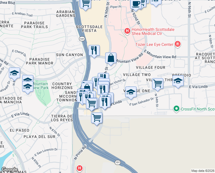 map of restaurants, bars, coffee shops, grocery stores, and more near 9393 North 90th Street in Scottsdale
