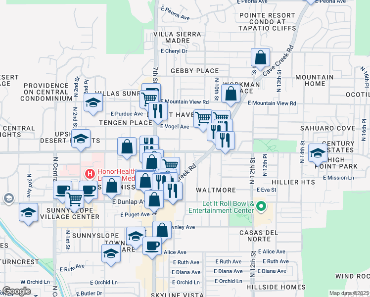 map of restaurants, bars, coffee shops, grocery stores, and more near 9237 North 8th Street in Phoenix