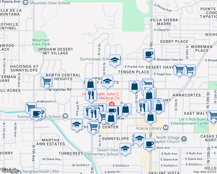 map of restaurants, bars, coffee shops, grocery stores, and more near 204 East Hatcher Road in Phoenix