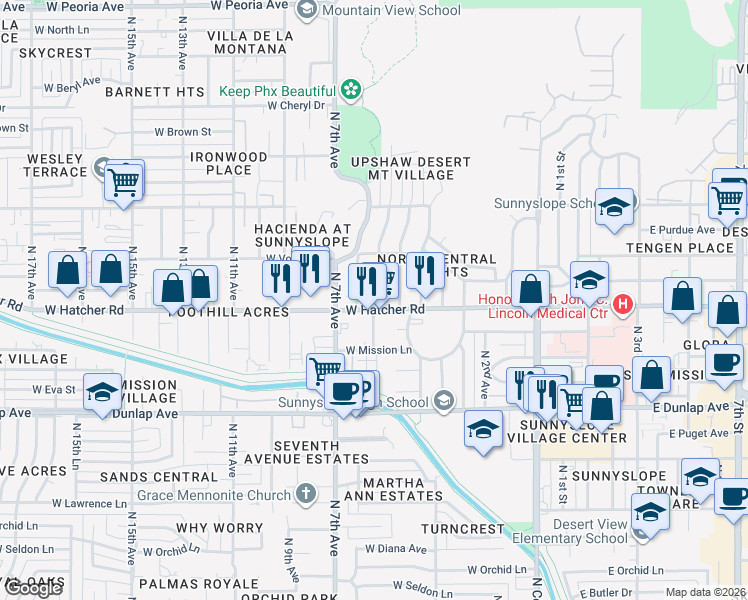 map of restaurants, bars, coffee shops, grocery stores, and more near 524 West Hatcher Road in Phoenix