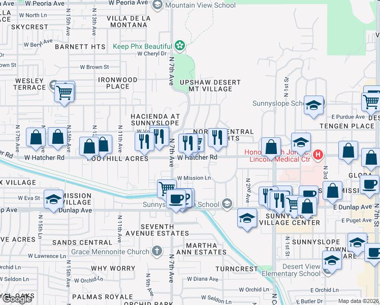 map of restaurants, bars, coffee shops, grocery stores, and more near 524 West Hatcher Road in Phoenix