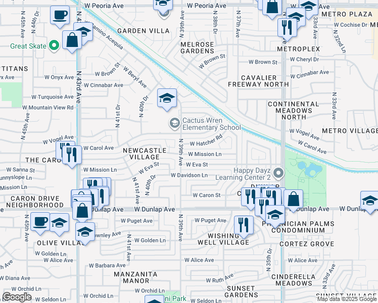map of restaurants, bars, coffee shops, grocery stores, and more near 3822 West Mission Lane in Phoenix
