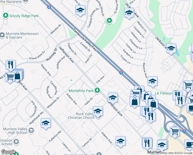 map of restaurants, bars, coffee shops, grocery stores, and more near 41420 Blue Bonnet Court in Murrieta