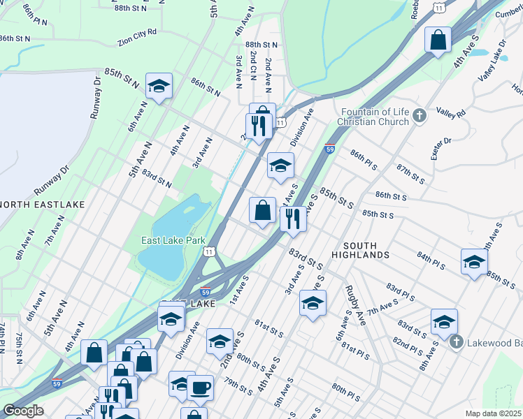 map of restaurants, bars, coffee shops, grocery stores, and more near 8322 Division Avenue in Birmingham