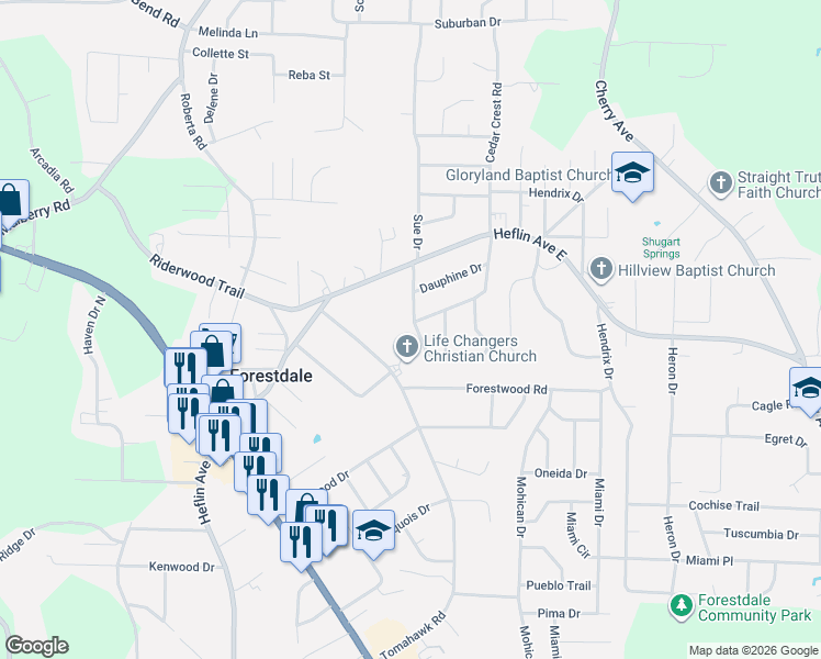 map of restaurants, bars, coffee shops, grocery stores, and more near 1545 West Bayonne Drive in Birmingham