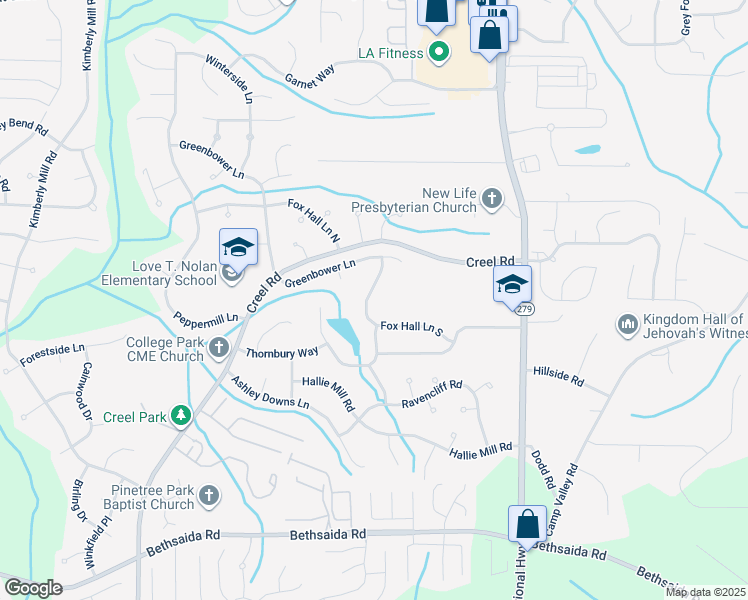 map of restaurants, bars, coffee shops, grocery stores, and more near 2615 Fox Hall Lane South in Atlanta