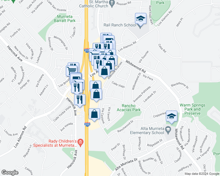 map of restaurants, bars, coffee shops, grocery stores, and more near 39680 Via Las Palmas in Murrieta