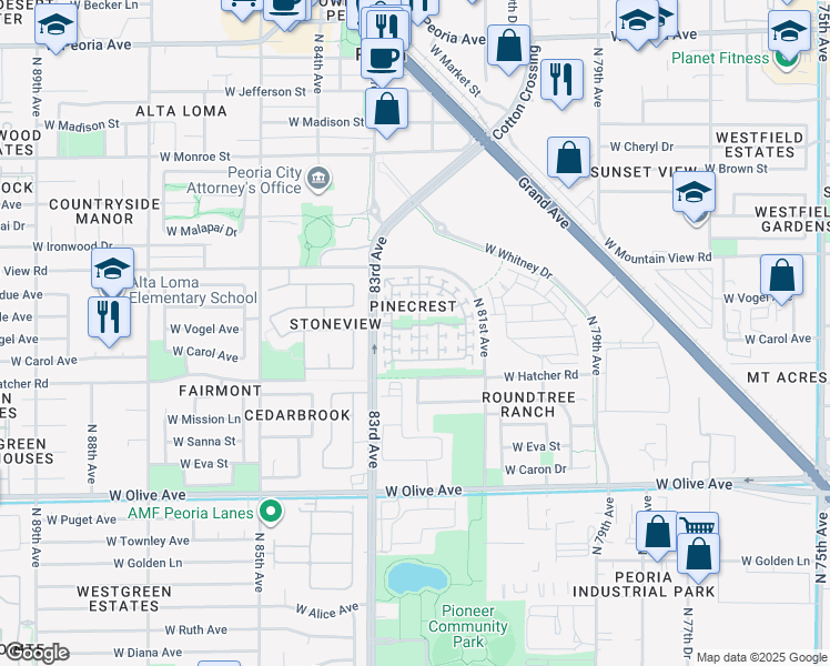 map of restaurants, bars, coffee shops, grocery stores, and more near 9590 North 82nd Lane in Peoria