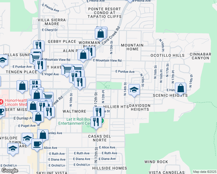 map of restaurants, bars, coffee shops, grocery stores, and more near 1244 East Hatcher Road in Phoenix
