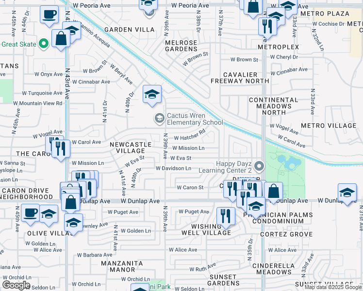 map of restaurants, bars, coffee shops, grocery stores, and more near 3822 West Mission Lane in Phoenix