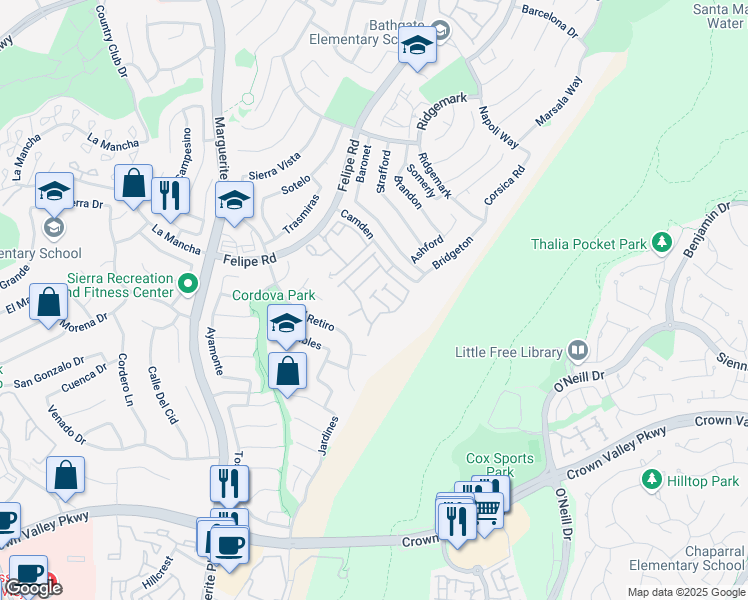 map of restaurants, bars, coffee shops, grocery stores, and more near 26923 Begonia Place in Mission Viejo