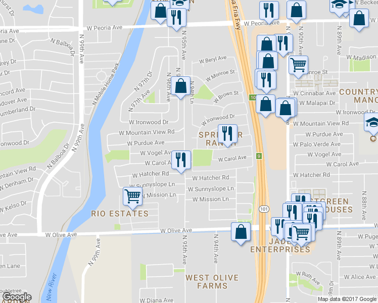 map of restaurants, bars, coffee shops, grocery stores, and more near 9532 North 94th Lane in Peoria