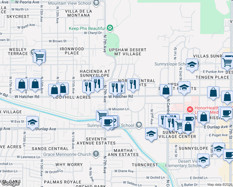 map of restaurants, bars, coffee shops, grocery stores, and more near 524 West Hatcher Road in Phoenix