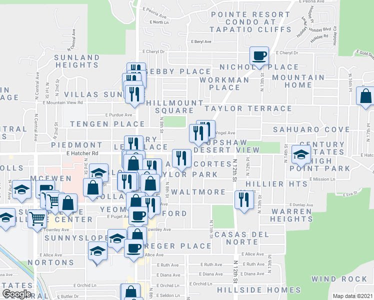 map of restaurants, bars, coffee shops, grocery stores, and more near 940 East Hatcher Road in Phoenix