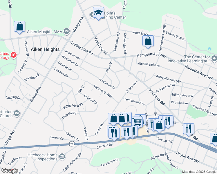 map of restaurants, bars, coffee shops, grocery stores, and more near 3203 Westmont Drive in Aiken