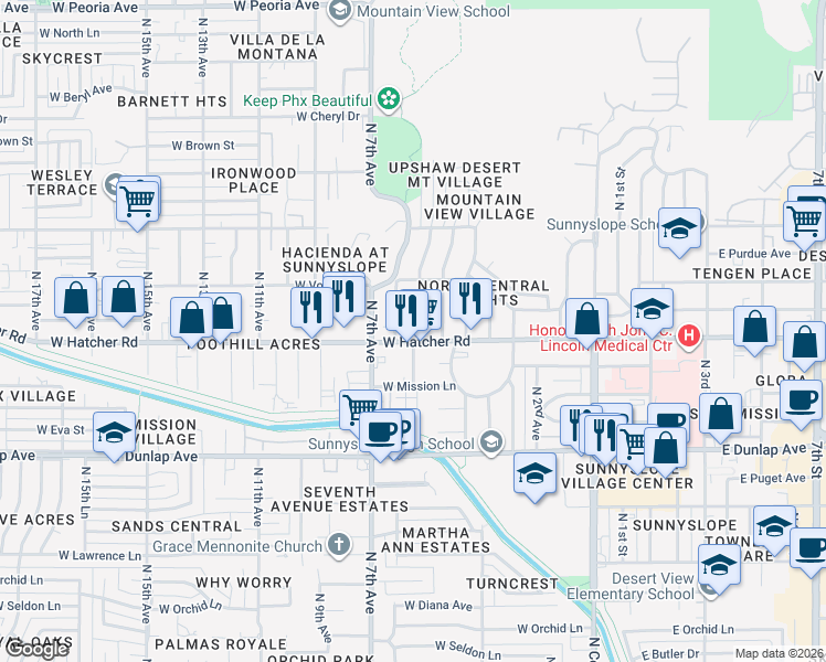 map of restaurants, bars, coffee shops, grocery stores, and more near 524 West Hatcher Road in Phoenix