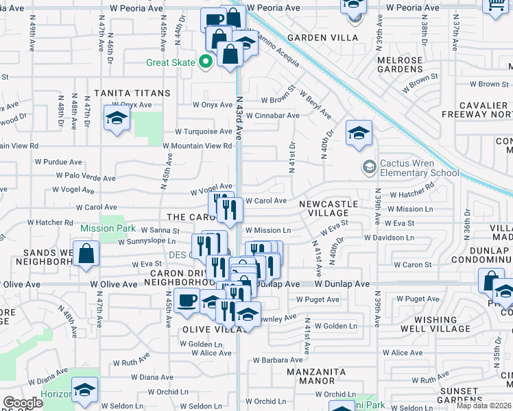 map of restaurants, bars, coffee shops, grocery stores, and more near 4227 West Carol Avenue in Phoenix