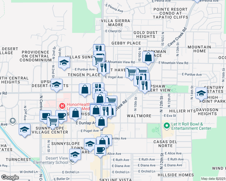 map of restaurants, bars, coffee shops, grocery stores, and more near 732 East Hatcher Road in Phoenix