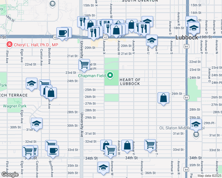 map of restaurants, bars, coffee shops, grocery stores, and more near 2313 25th Street in Lubbock